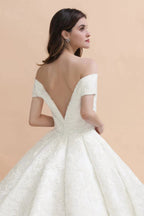 Off Shoulder Floor Length Bridal Gowns Lace Appliques Chapel Train Wedding Dress by misshow.com