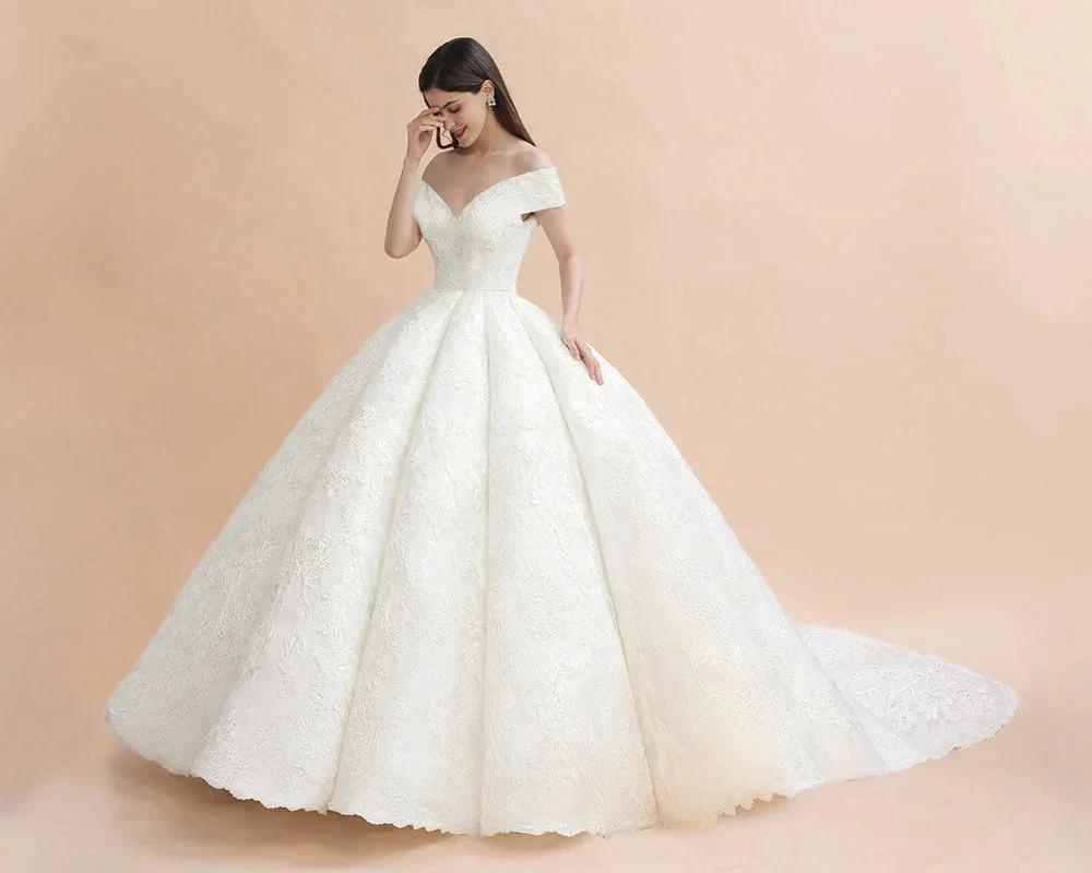 Off Shoulder Floor Length Bridal Gowns Lace Appliques Chapel Train Wedding Dress by misshow.com