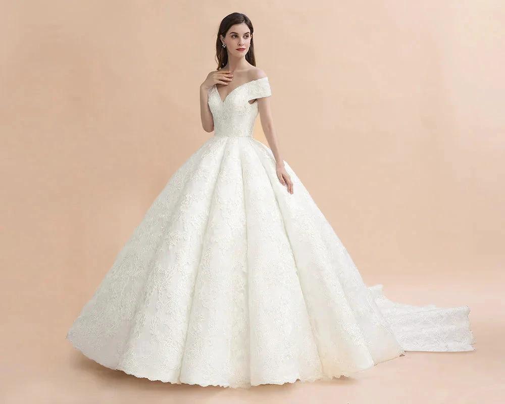Off Shoulder Floor Length Bridal Gowns Lace Appliques Chapel Train Wedding Dress by misshow.com