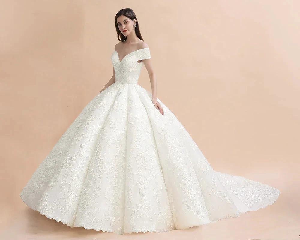Off Shoulder Floor Length Bridal Gowns Lace Appliques Chapel Train Wedding Dress by misshow.com