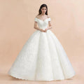 Off Shoulder Floor Length Bridal Gowns Lace Appliques Chapel Train Wedding Dress by misshow.com
