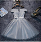 Off Shoulder Grey Tulle Short Prom Dresses Homecoming Dresses PD111 by pgmdress