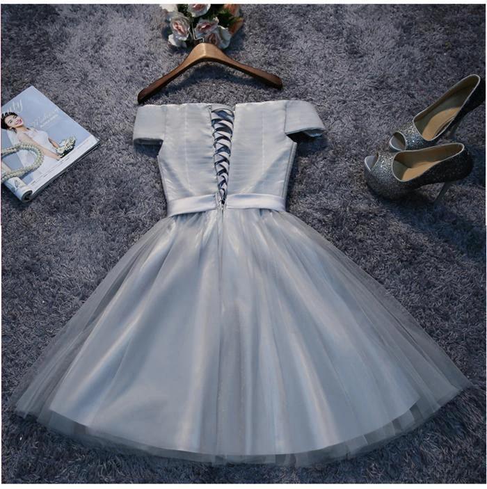 Off Shoulder Grey Tulle Short Prom Dresses Homecoming Dresses PD111 by pgmdress