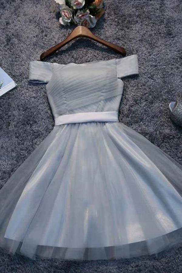 Off Shoulder Grey Tulle Short Prom Dresses Homecoming Dresses PD111 by pgmdress
