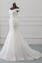Off Shoulder Lace-up Applique Pretty Mermaid Elegant Wedding Dresses by misshow.com