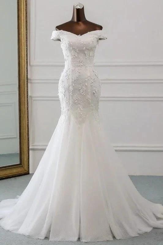 Off Shoulder Lace-up Applique Pretty Mermaid Elegant Wedding Dresses by misshow.com