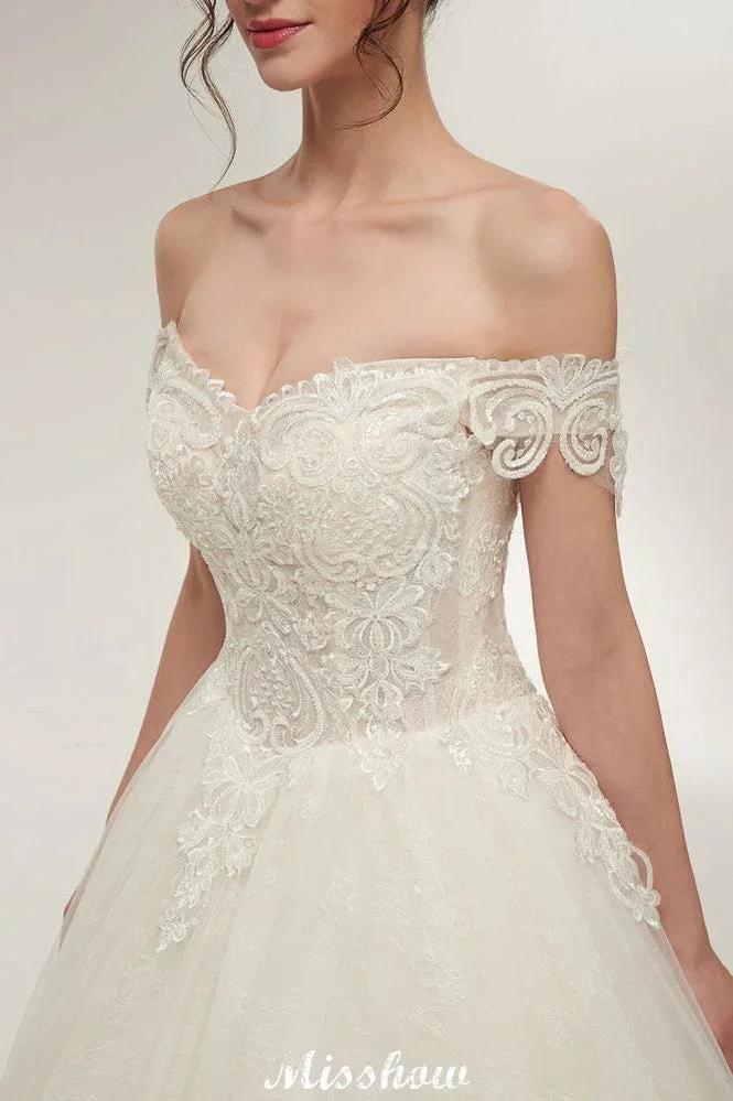 Off-shoulder Sweetheart A-line Lace-up Floor Length Lace Appliques Wedding Dresses by misshow.com