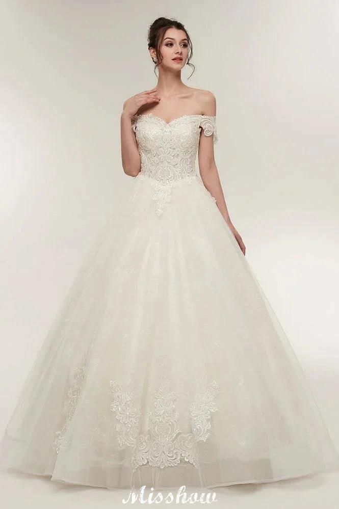 Off-shoulder Sweetheart A-line Lace-up Floor Length Lace Appliques Wedding Dresses by misshow.com