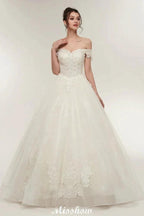 Off-shoulder Sweetheart A-line Lace-up Floor Length Lace Appliques Wedding Dresses by misshow.com