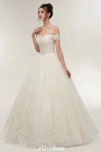Off-shoulder Sweetheart A-line Lace-up Floor Length Lace Appliques Wedding Dresses by misshow.com