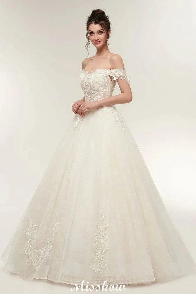 Off-shoulder Sweetheart A-line Lace-up Floor Length Lace Appliques Wedding Dresses by misshow.com