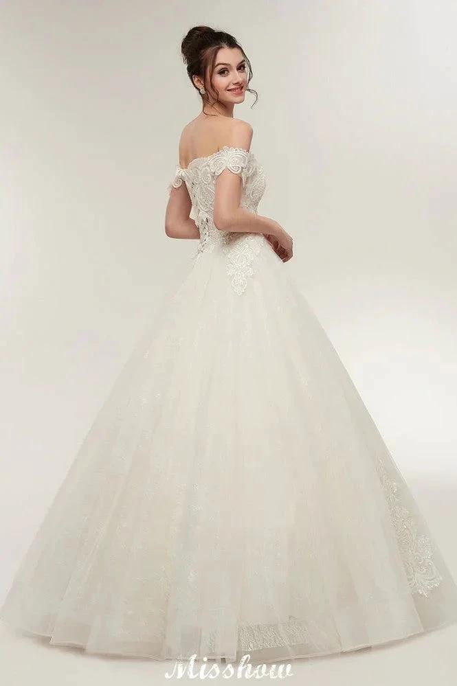 Off-shoulder Sweetheart A-line Lace-up Floor Length Lace Appliques Wedding Dresses by misshow.com