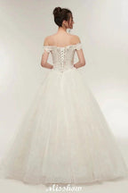 Off-shoulder Sweetheart A-line Lace-up Floor Length Lace Appliques Wedding Dresses by misshow.com