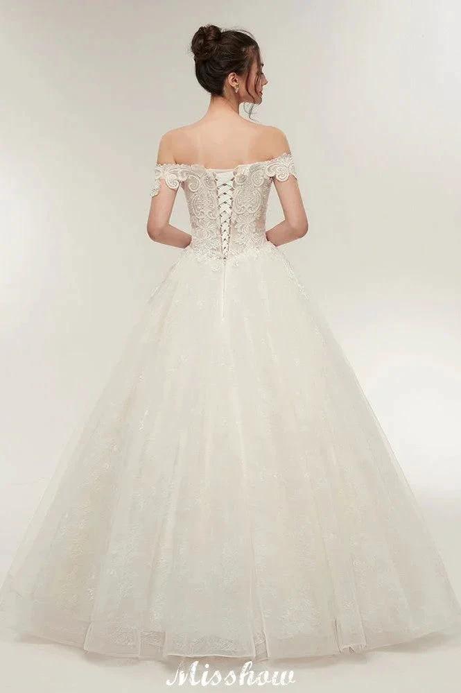 Off-shoulder Sweetheart A-line Lace-up Floor Length Lace Appliques Wedding Dresses by misshow.com
