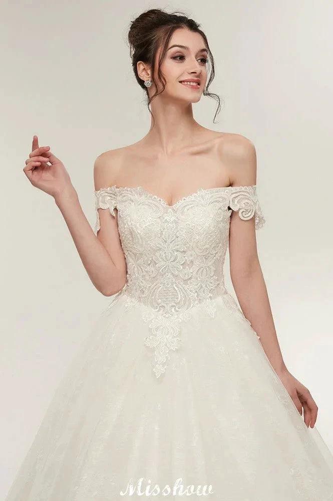 Off-shoulder Sweetheart A-line Lace-up Floor Length Lace Appliques Wedding Dresses by misshow.com