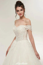 Off-shoulder Sweetheart A-line Lace-up Floor Length Lace Appliques Wedding Dresses by misshow.com