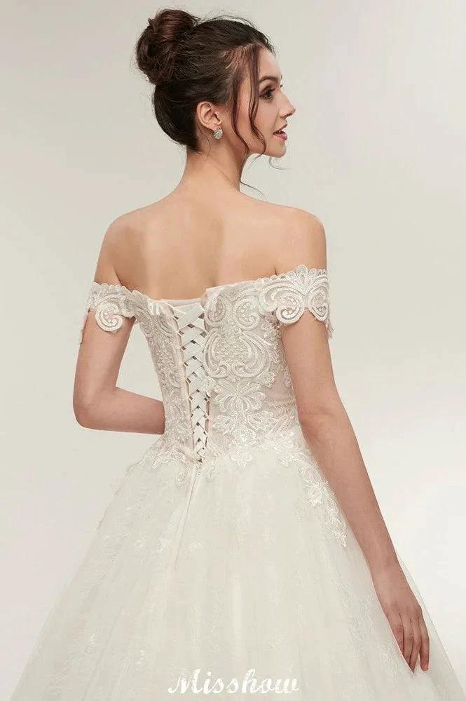 Off-shoulder Sweetheart A-line Lace-up Floor Length Lace Appliques Wedding Dresses by misshow.com