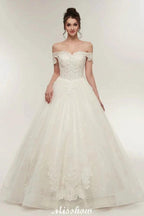 Off-shoulder Sweetheart A-line Lace-up Floor Length Lace Appliques Wedding Dresses by misshow.com