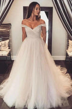 Off Shoulder Tulle Sleeves Blush Wedding Dress Colorful Bridal Dress WD354 by pgmdress