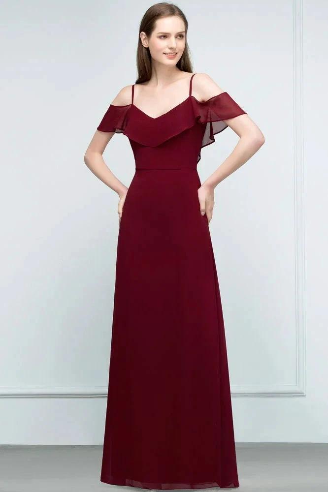 Off-shoulder V-neck A-line Spaghetti Long Chiffon Prom Dresses by misshow.com