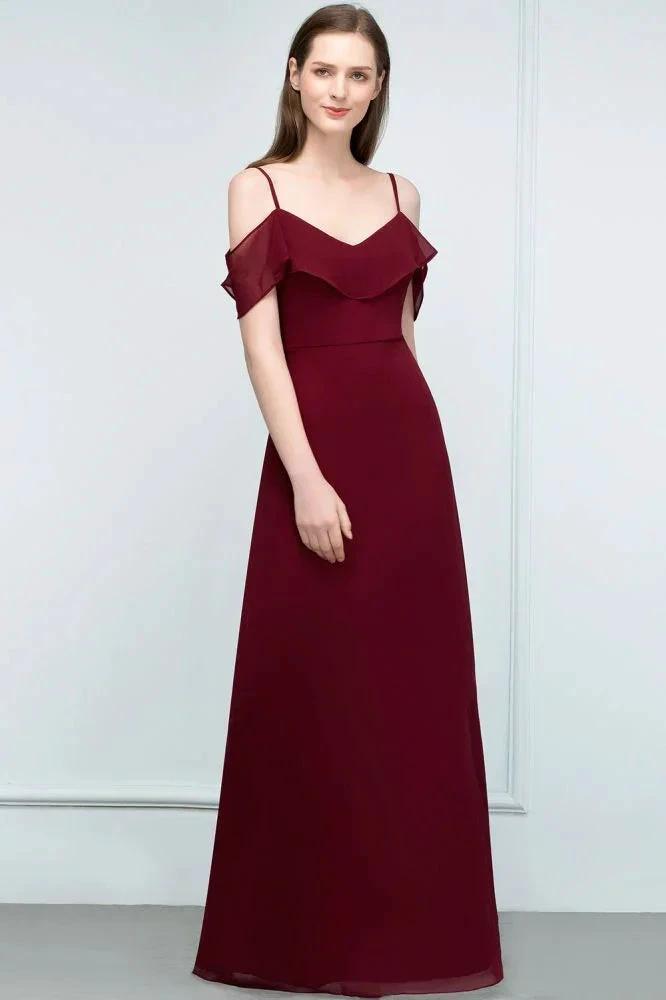 Off-shoulder V-neck A-line Spaghetti Long Chiffon Prom Dresses by misshow.com