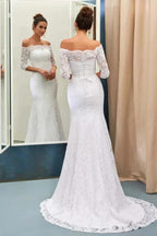 Off-The-Shoulder 3/4-Length Sleeves Lace-Up Mermaid Wedding Dress WD089 by pgmdress