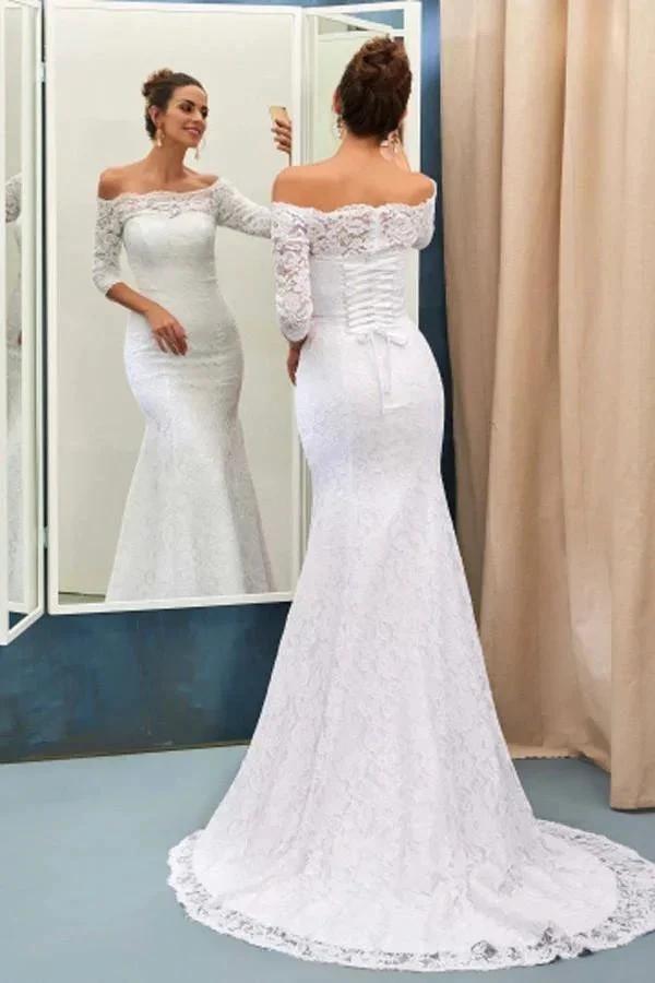 Off-The-Shoulder 3/4-Length Sleeves Lace-Up Mermaid Wedding Dress WD089 by pgmdress