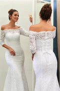 Off-The-Shoulder 3/4-Length Sleeves Lace-Up Mermaid Wedding Dress WD089 by pgmdress