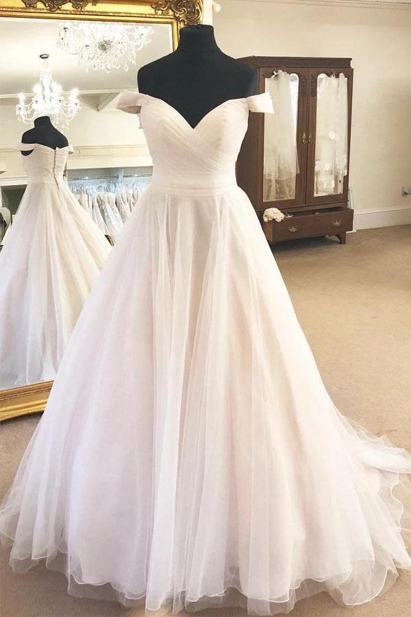 Off the Shoulder A-Line Ivory Wedding Dress with Pleats WD418 by pgmdress