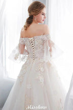 Off-the-shoulder Aline Ball Gown Floor Length Appliques Tulle Wedding Dress by misshow.com