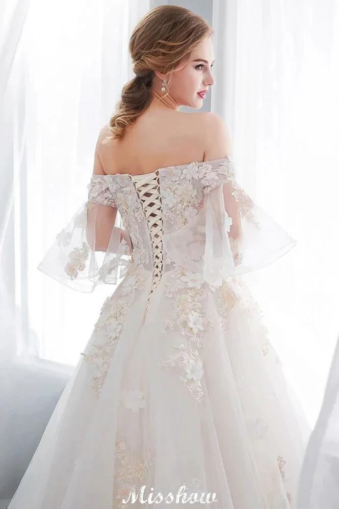 Off-the-shoulder Aline Ball Gown Floor Length Appliques Tulle Wedding Dress by misshow.com