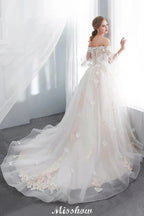 Off-the-shoulder Aline Ball Gown Floor Length Appliques Tulle Wedding Dress by misshow.com