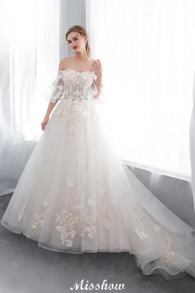 Off-the-shoulder Aline Ball Gown Floor Length Appliques Tulle Wedding Dress by misshow.com