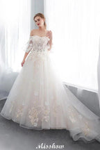 Off-the-shoulder Aline Ball Gown Floor Length Appliques Tulle Wedding Dress by misshow.com