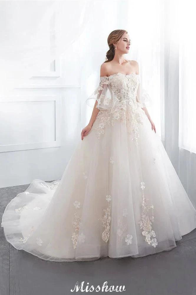 Off-the-shoulder Aline Ball Gown Floor Length Appliques Tulle Wedding Dress by misshow.com