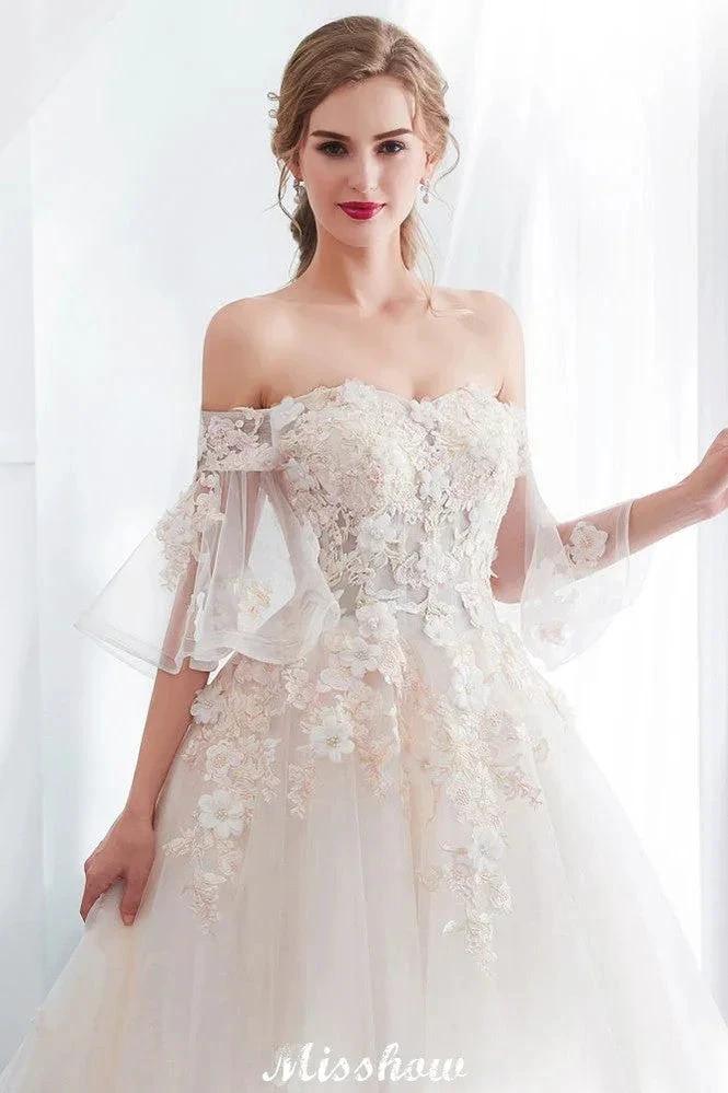 Off-the-shoulder Aline Ball Gown Floor Length Appliques Tulle Wedding Dress by misshow.com