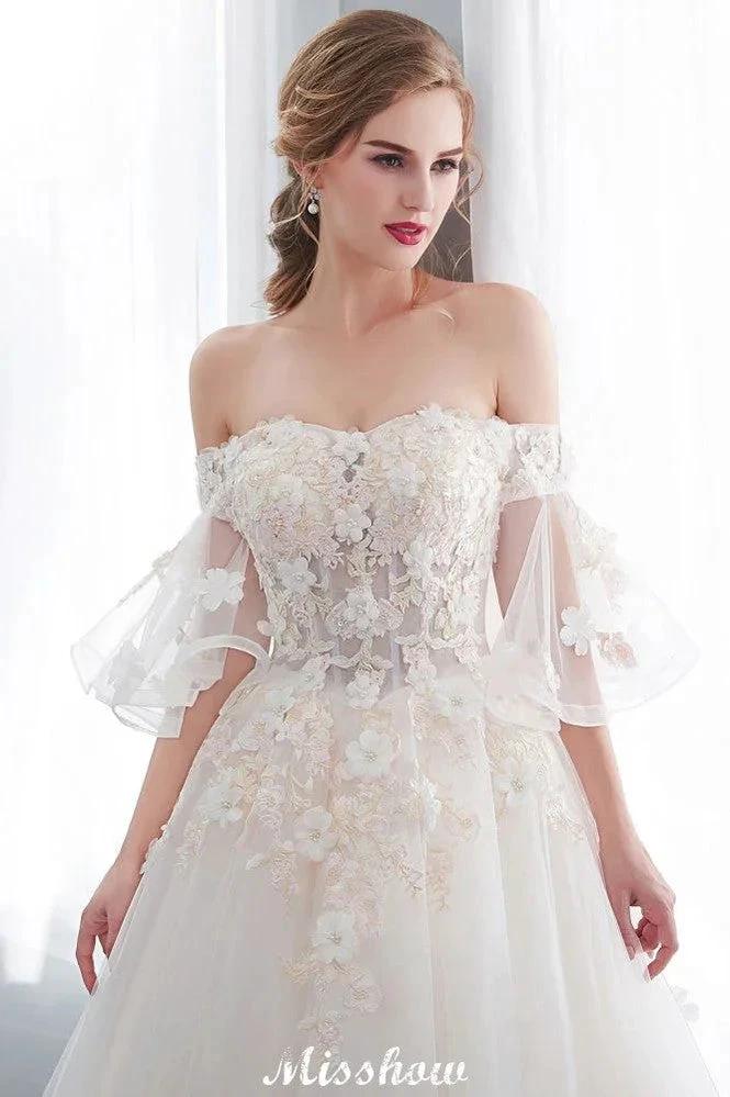 Off-the-shoulder Aline Ball Gown Floor Length Appliques Tulle Wedding Dress by misshow.com