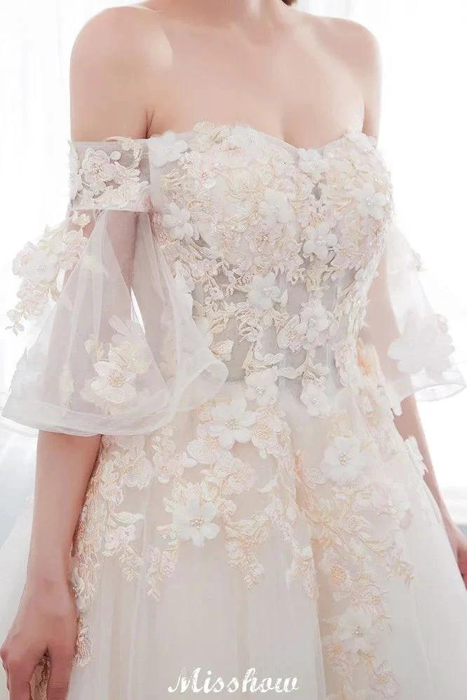 Off-the-shoulder Aline Ball Gown Floor Length Appliques Tulle Wedding Dress by misshow.com