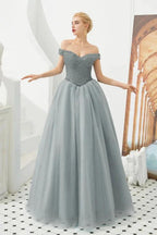 Off the Shoulder aline Princess Ball Gown Tulle Floor Length Beadings Party Gown Lace-up by misshow.com