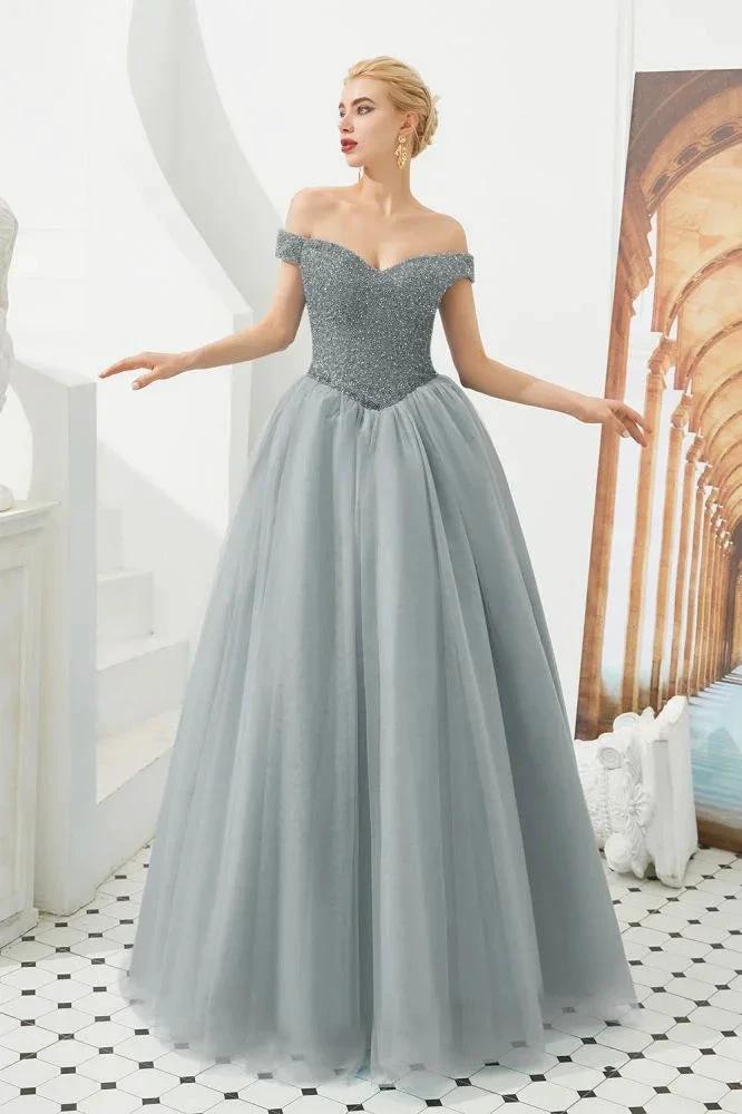 Off the Shoulder aline Princess Ball Gown Tulle Floor Length Beadings Party Gown Lace-up by misshow.com
