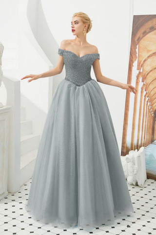 Off the Shoulder aline Princess Ball Gown Tulle Floor Length Beadings Party Gown Lace-up