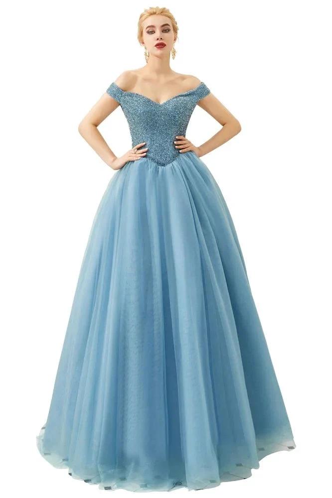 Off the Shoulder aline Princess Ball Gown Tulle Floor Length Beadings Party Gown Lace-up by misshow.com