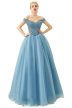 Off the Shoulder aline Princess Ball Gown Tulle Floor Length Beadings Party Gown Lace-up by misshow.com