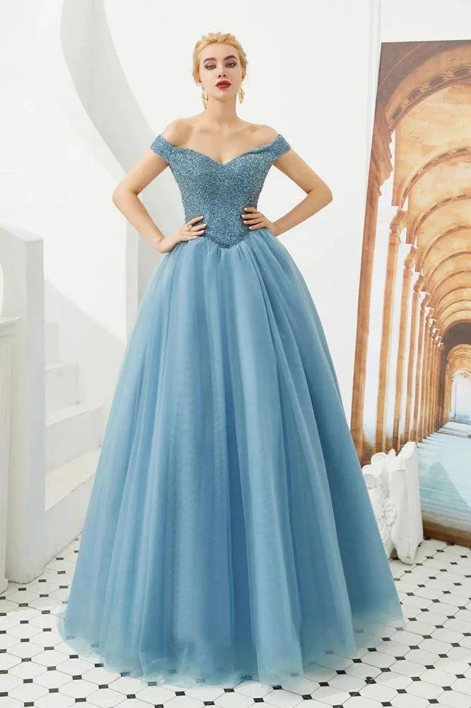 Off the Shoulder aline Princess Ball Gown Tulle Floor Length Beadings Party Gown Lace-up by misshow.com