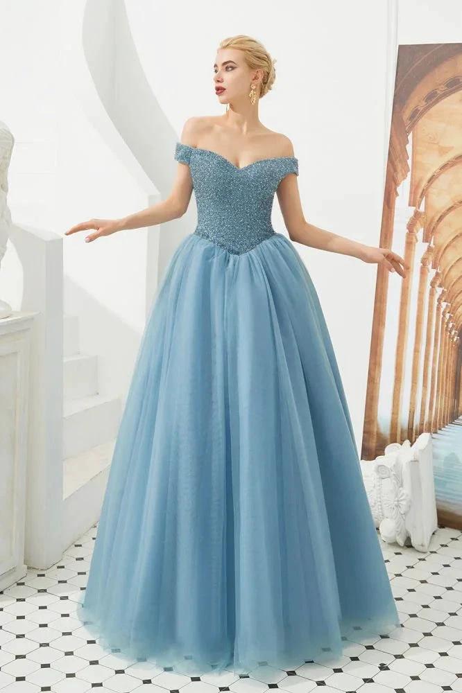 Off the Shoulder aline Princess Ball Gown Tulle Floor Length Beadings Party Gown Lace-up by misshow.com