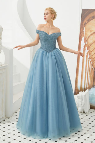 Off the Shoulder aline Princess Ball Gown Tulle Floor Length Beadings Party Gown Lace-up