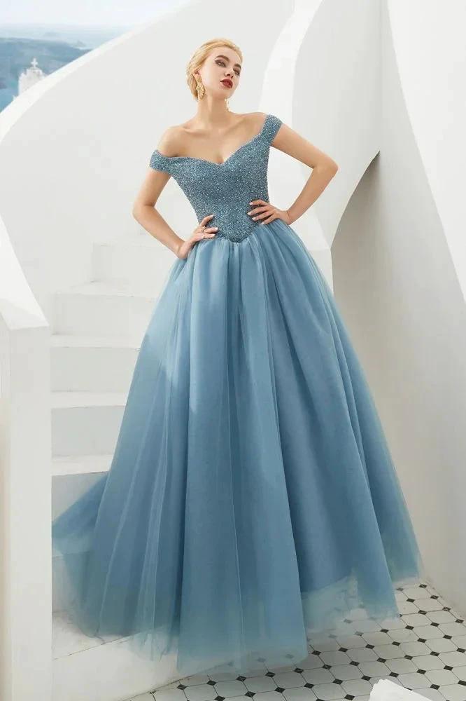 Off the Shoulder aline Princess Ball Gown Tulle Floor Length Beadings Party Gown Lace-up by misshow.com