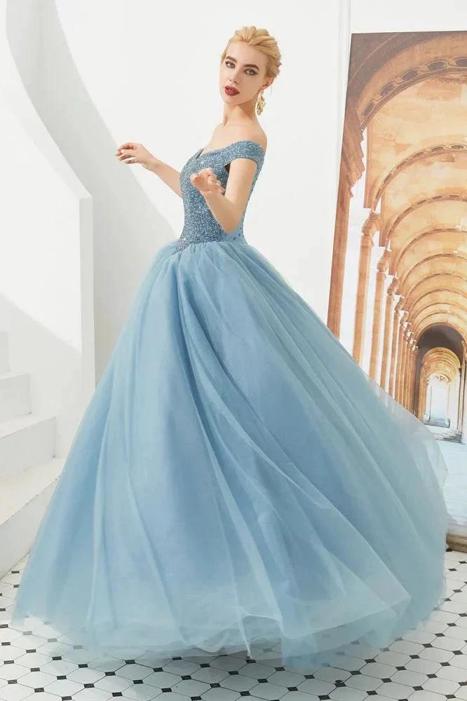 Off the Shoulder aline Princess Ball Gown Tulle Floor Length Beadings Party Gown Lace-up by misshow.com
