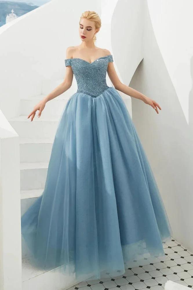 Off the Shoulder aline Princess Ball Gown Tulle Floor Length Beadings Party Gown Lace-up by misshow.com