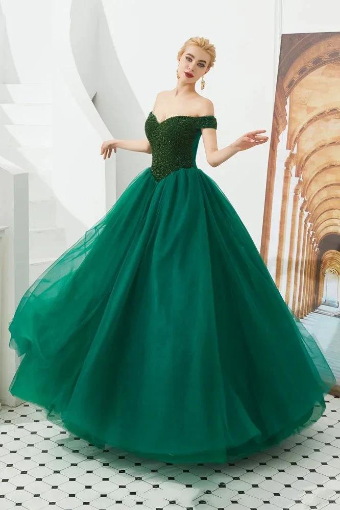 Off the Shoulder aline Princess Ball Gown Tulle Floor Length Beadings Party Gown Lace-up by misshow.com